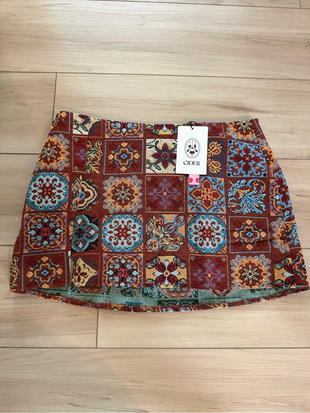 Large NEW 2026 Cider Patchwork Tile Mini Skirt in Rust, Blue, Gold
